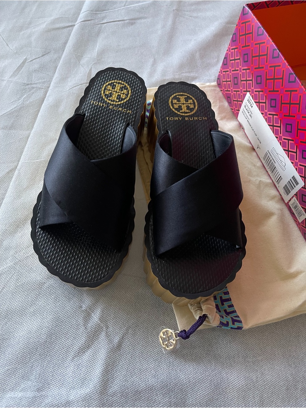 Tory Burch Black Satin Scallop Wedge Platform Cross-Strap Slide Sandals - Picture 9 of 14